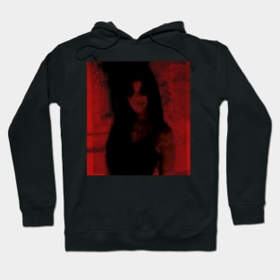 Portrait, digital collage and special processing. Somewhat scary, but pleasant girl. Dark side. Red. Hoodie